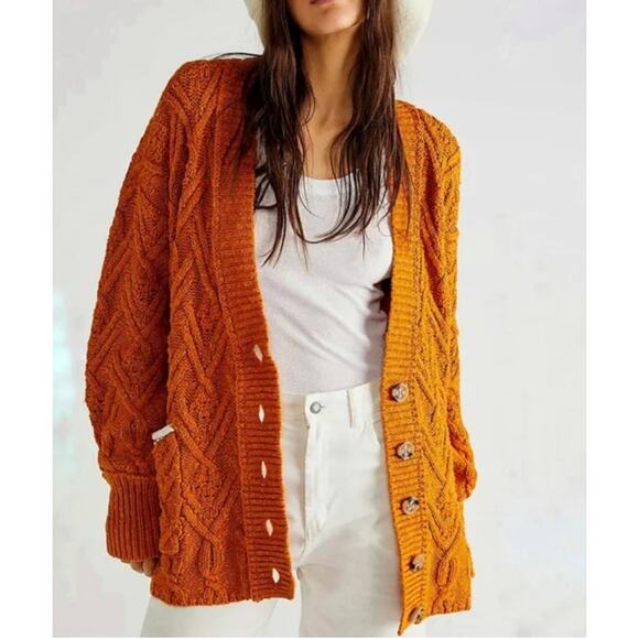 Free People Sweaters - Free People rust orange cable knit oversized cardigan sweater